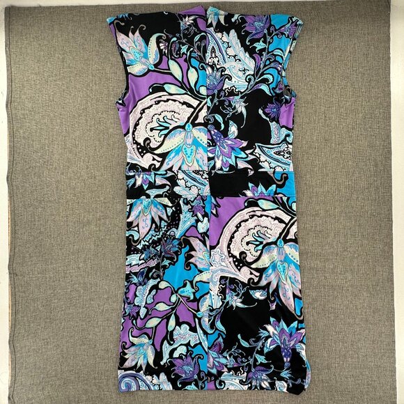 Cache Ruched Wrap Dress Sz 14 Knee Length Purple Blue Black Floral Paisley - Picture 8 of 10